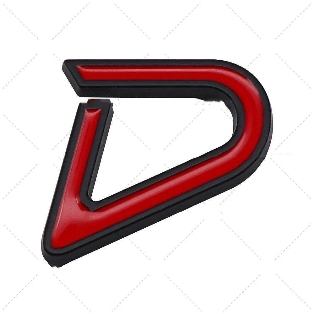 Metal car bumper stickers showing SD and D patterns in red silver and red black colour options