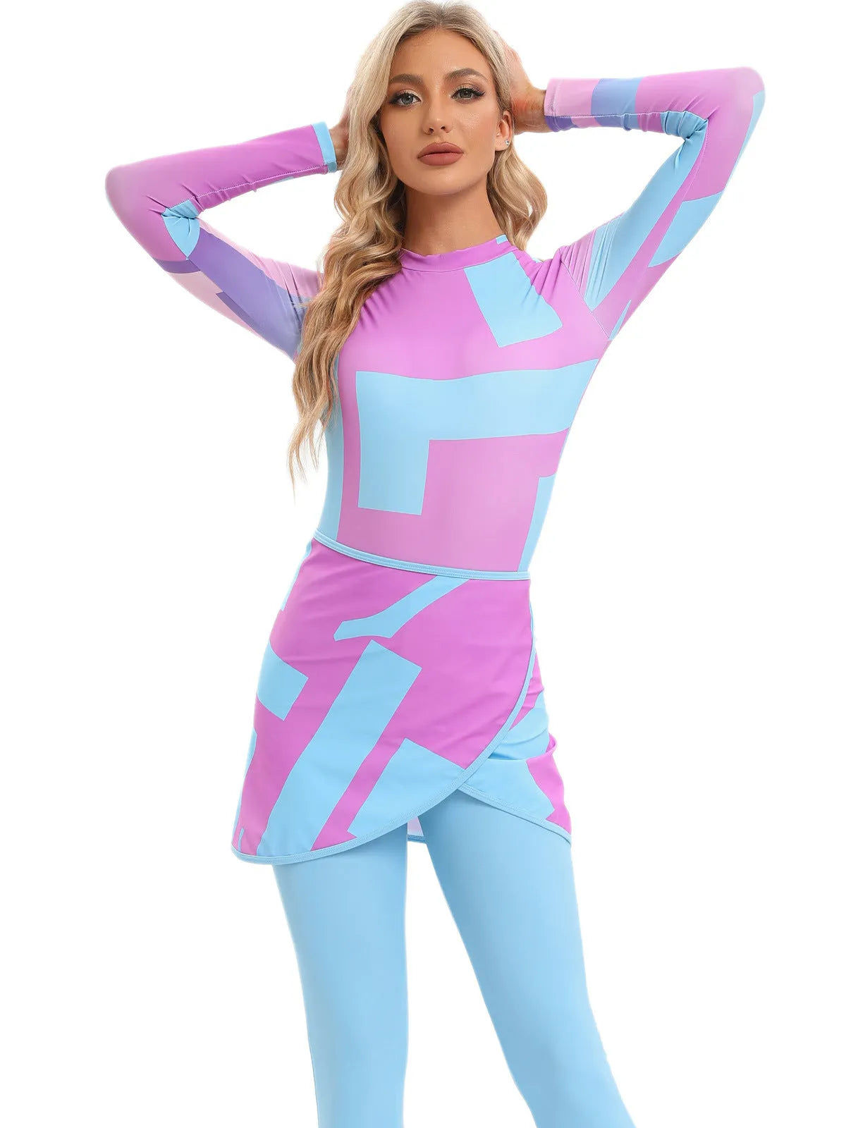 Conservative long sleeve swimsuit and apron set for muslim women, in sapphire blue colour.