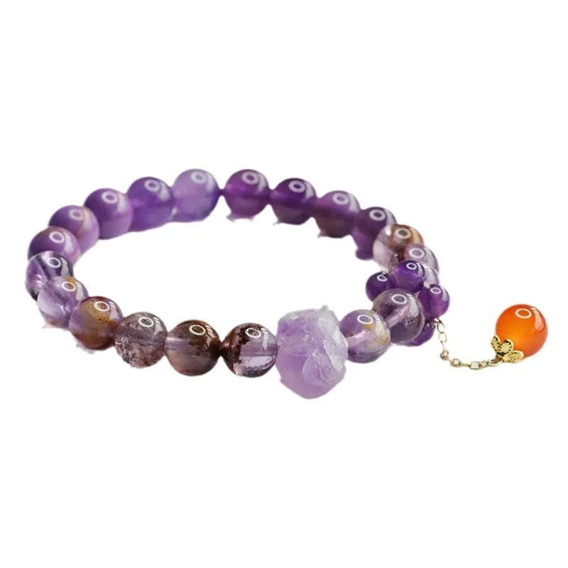 Natural nine purple fire Duobao crystal bracelet with 8mm amethyst beads and red agate stones in Mori style