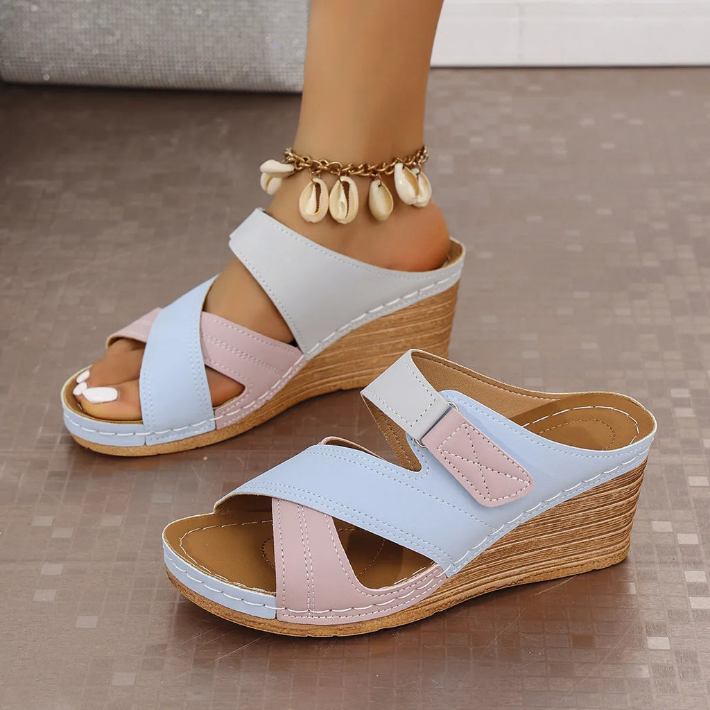 Women's wedge slippers with fish mouth toe design and Velcro straps in multiple colour combinations