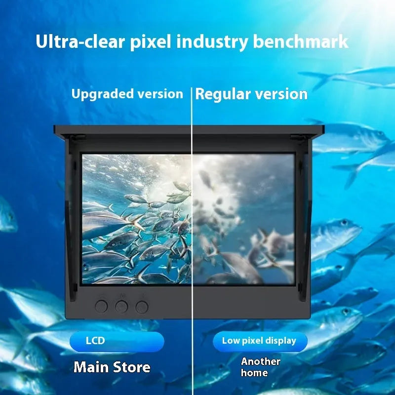 Underwater fish finder camera with 4.3-inch screen showing HD view of fish and temperature reading