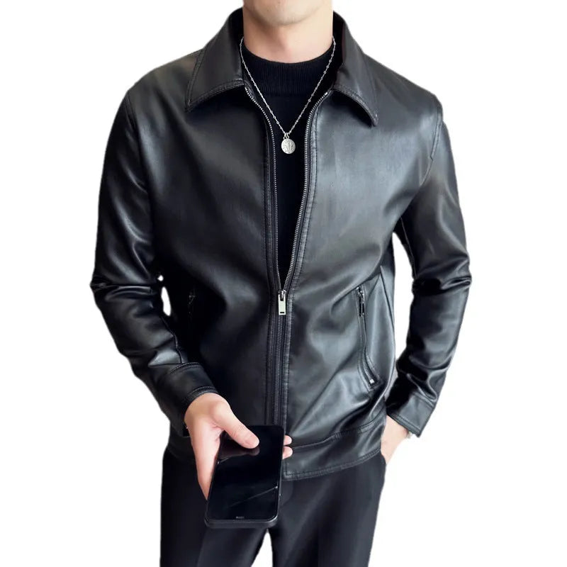 Men's black PU leather casual jacket with zip and patch pockets on a model.