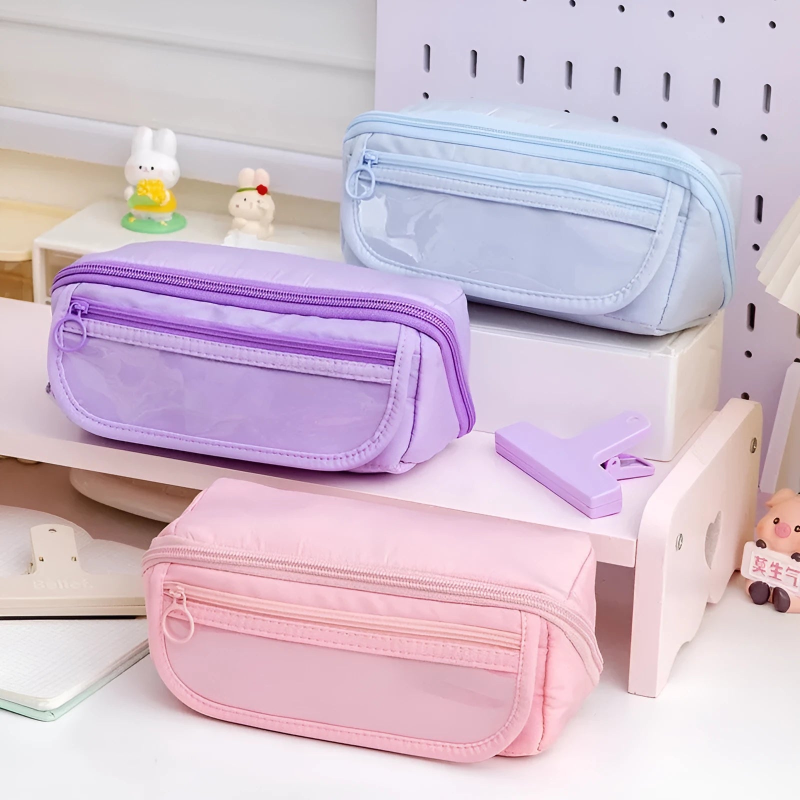 Korean style canvas pencil case unfolded to show ten-layer flip design in milky white colour