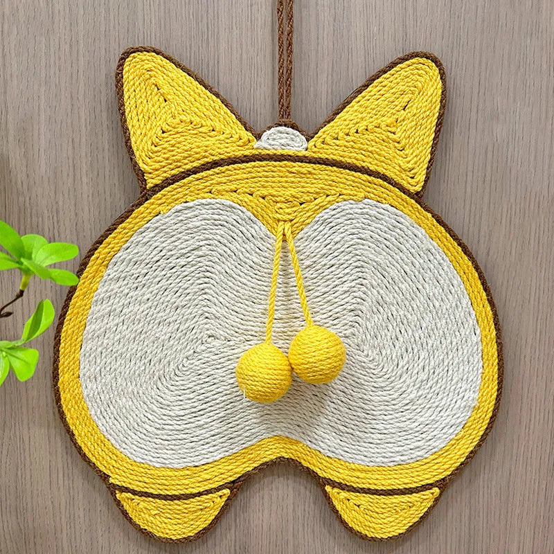 Yellow cat scratching board with corgi butt design, made from sisal with anti-slip base