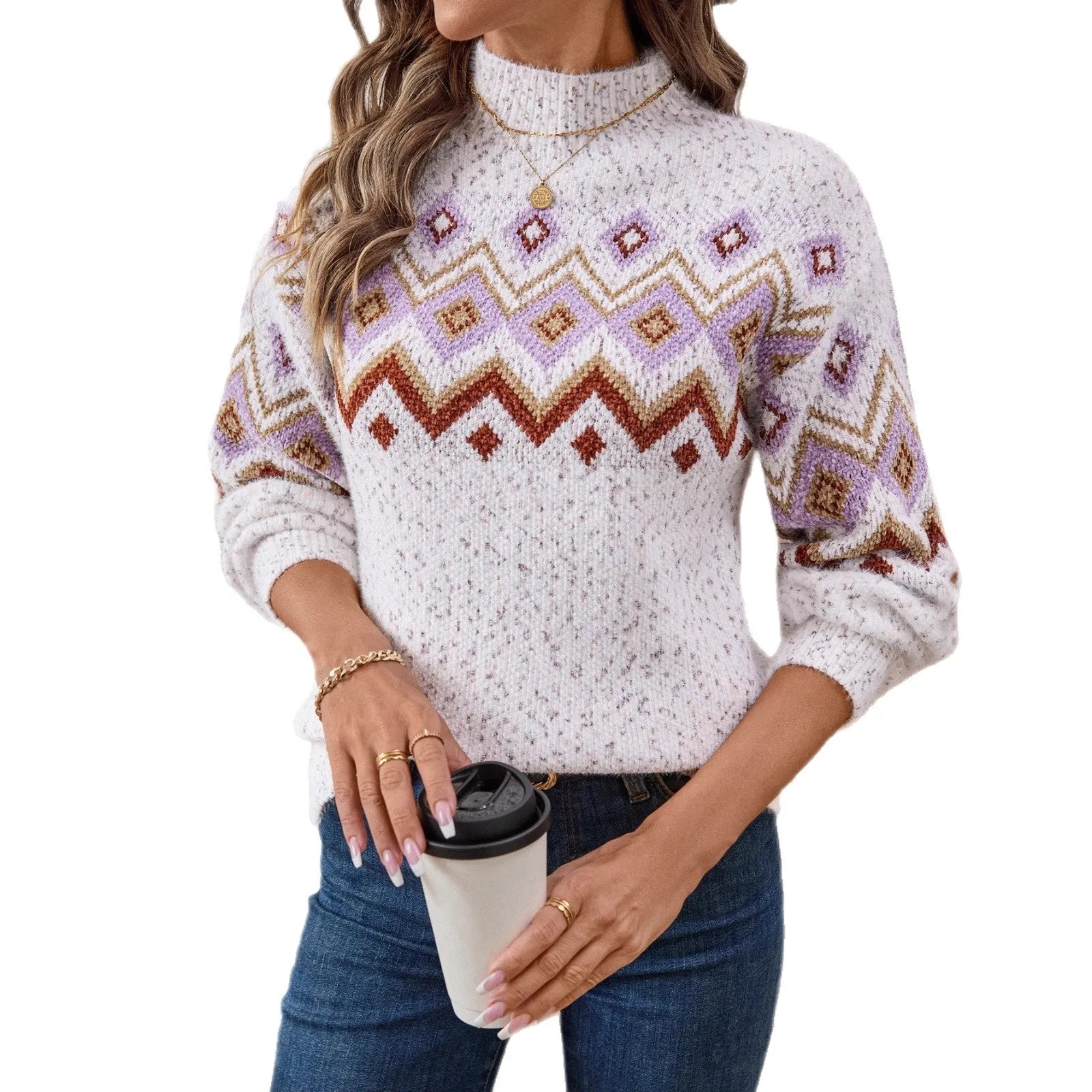 White half turtleneck loose sweater with geometric jacquard pattern, long sleeves, and chunky chenille knit.