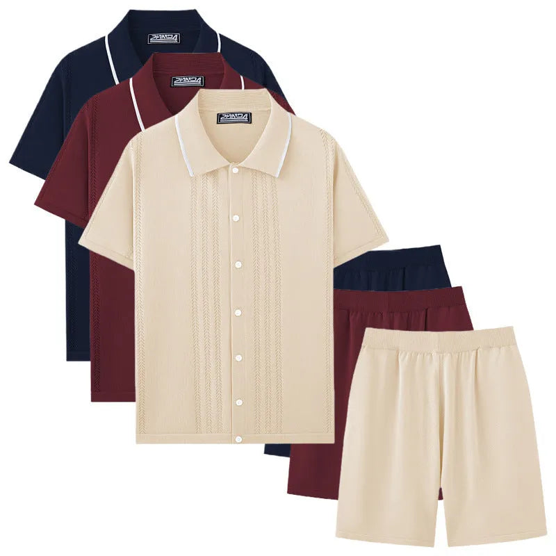 Men's khaki Tencel two-piece sweater set with short sleeve top and matching shorts for business casual leisure wear