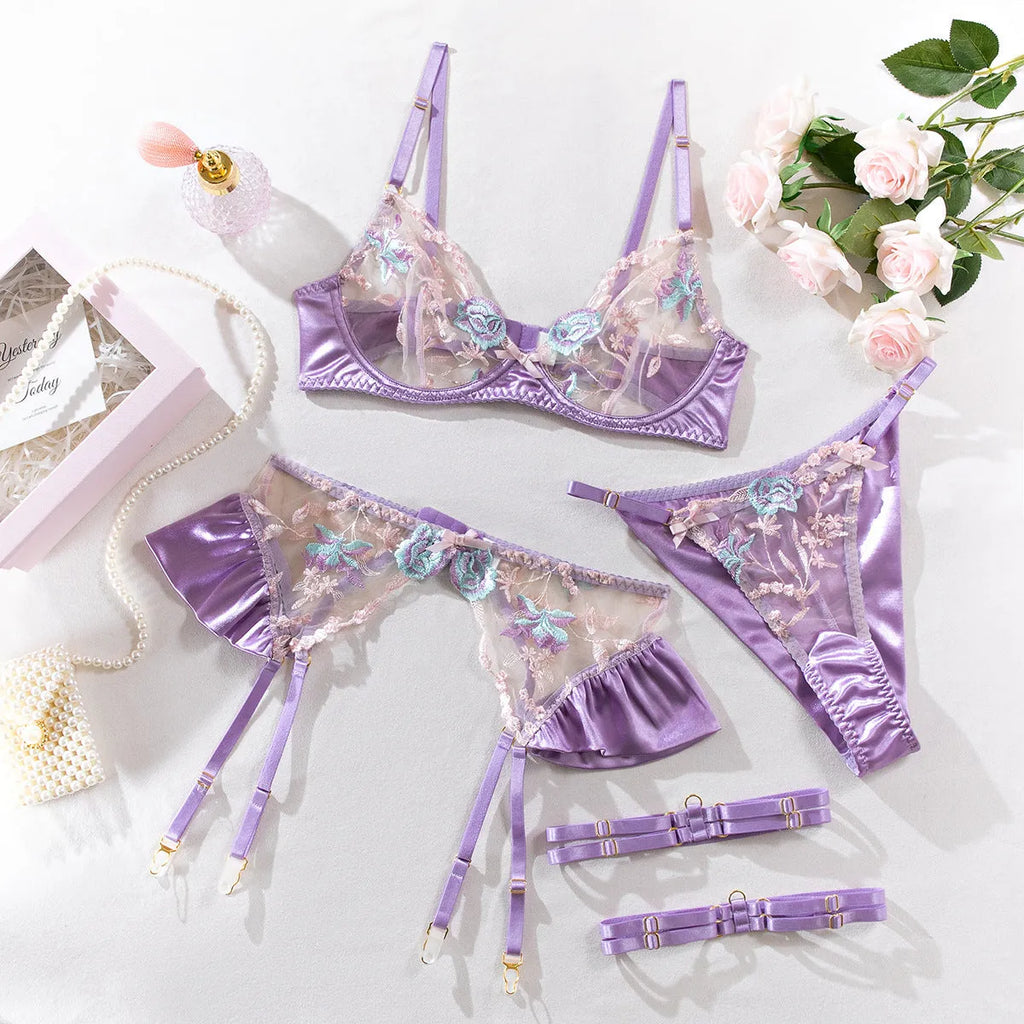 Light purple mercerised embroidery satin lingerie four-piece set with matching components