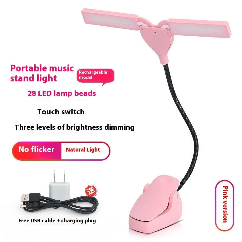 Rechargeable black music stand light with 28 soft LEDs for instrument practice