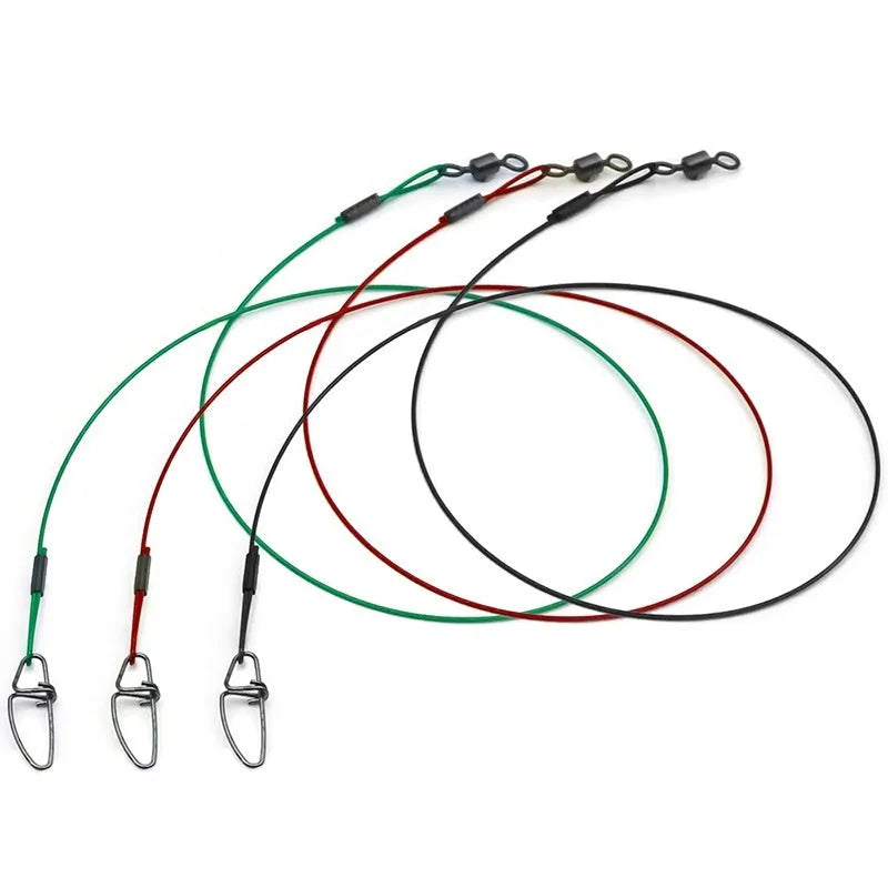 Set of green, black, and red steel wire fishing leaders with buckle pins, each 54cm long.