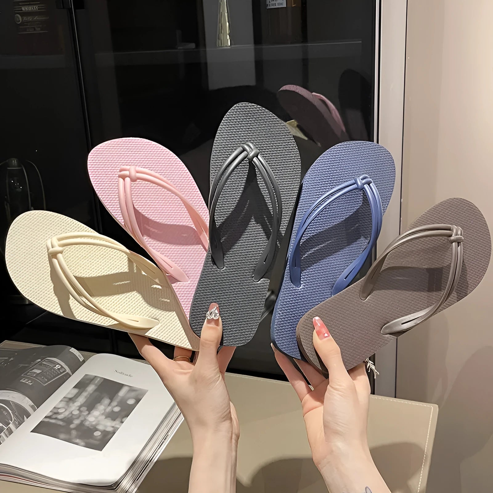 Men's PVC flip flop slippers in beige with a toe-covering design and injection moulded sole.