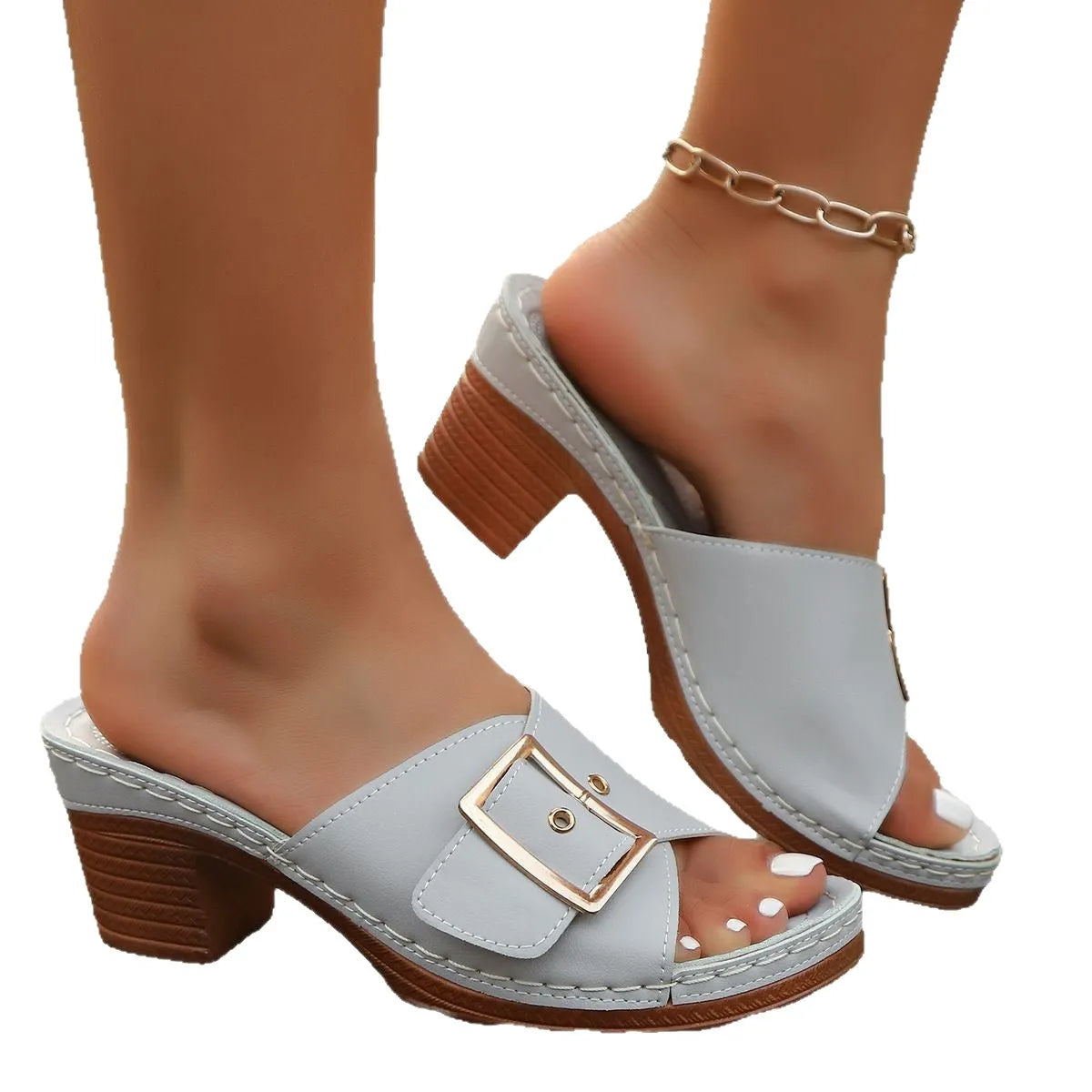 Women's chunky heel slippers with metal buckle in black or light blue on rubber sole