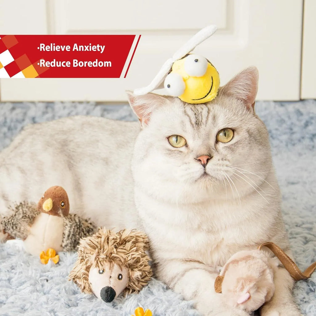 Yellow bee-shaped electronic cat toy with motion-activated squeaking functionality