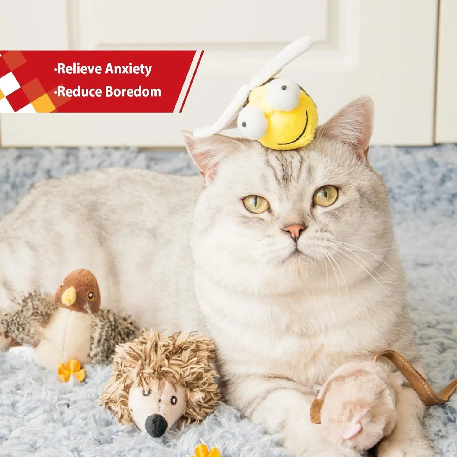 Yellow bee-shaped electronic cat toy with motion-activated squeaking functionality