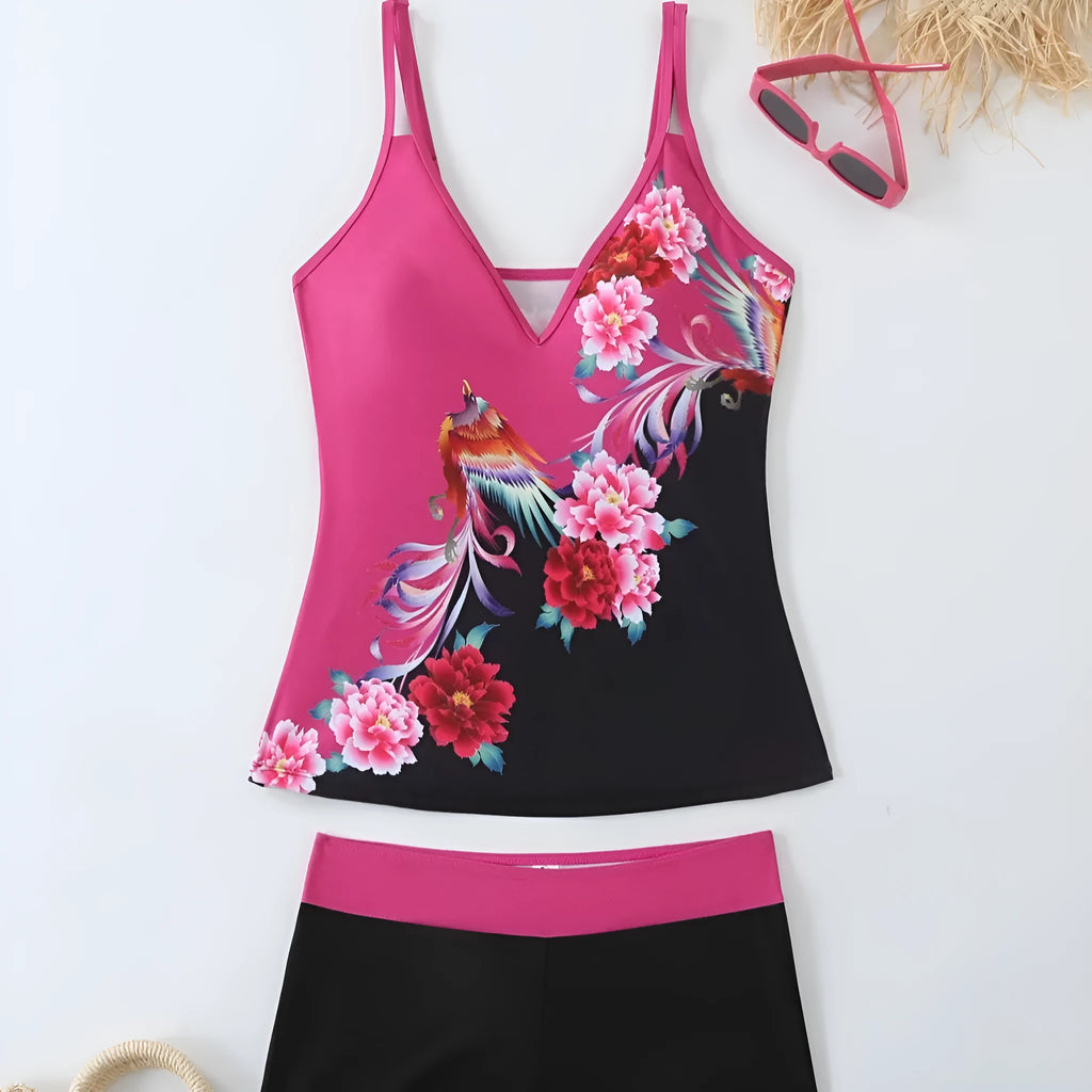 Women's plus size printed swimsuit and matching trunks set in black or rose red colour