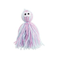 Wool ball cat toy with hanging loop in blue grey, pink and blue, and pink purple colour options