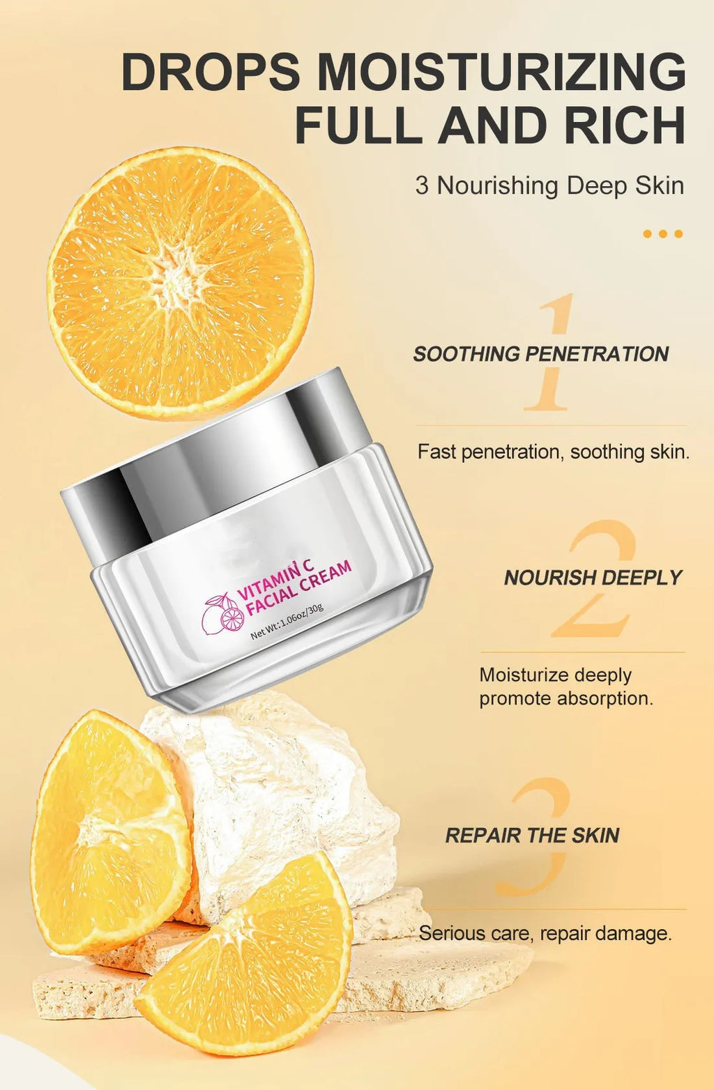 30g Vitamin C Face Cream jar measuring 6cm by 6cm by 5.2cm