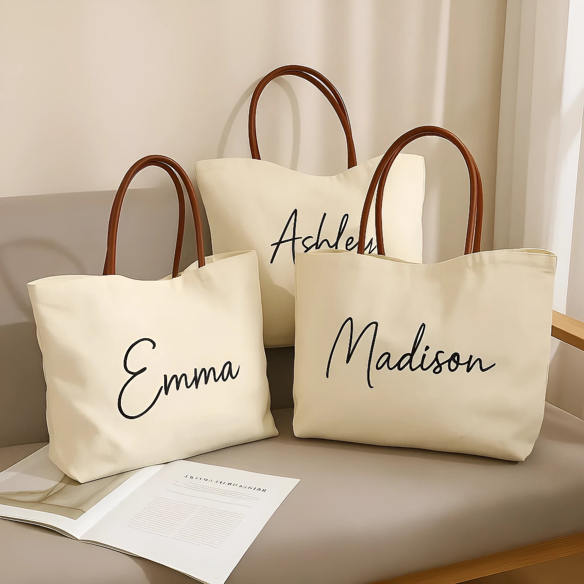 Heavy-duty cotton canvas tote bag with internal pockets, shown in beige white colour.