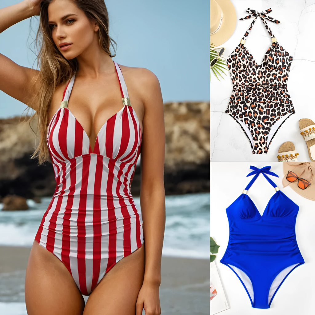 Blue women's conservative swimsuit made of quick-dry polyester with spandex lining.