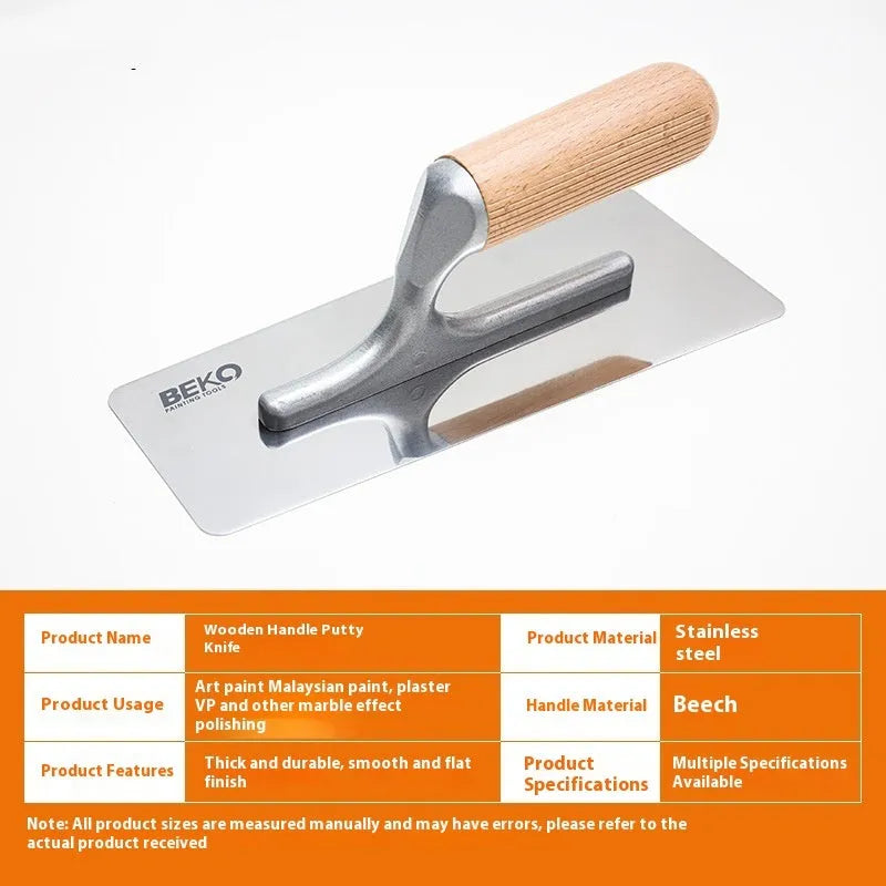 Stainless steel scraper tool with wooden handle for floor and wall putty removal.