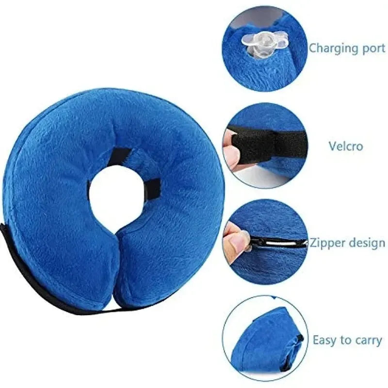 Inflatable soft pet recovery collar in blue with air valve, shown on surface