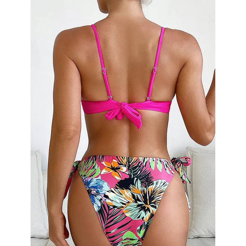 Rose red women's bikini swimsuit with braid rope detail.