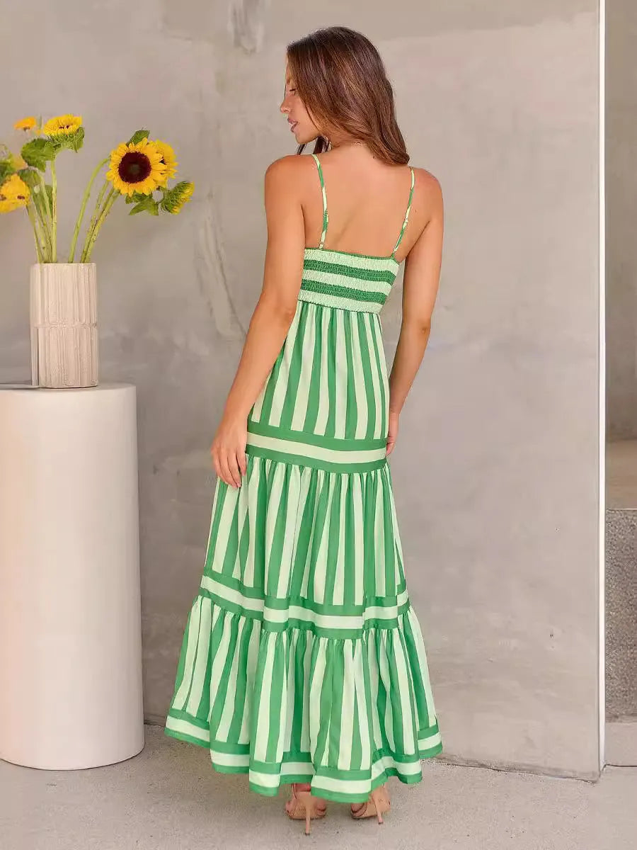 Women's striped printed suspender long dress with square neck, backless design, and side pockets.