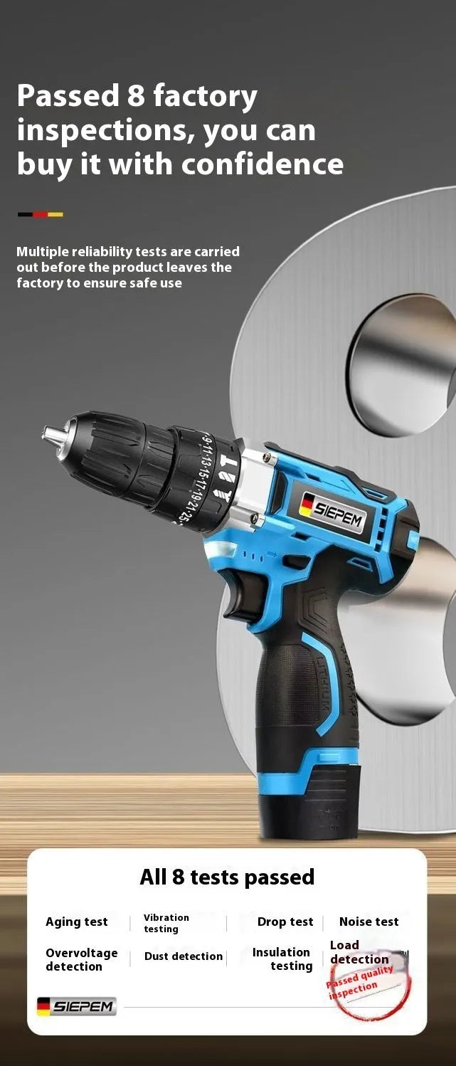 Cordless impact driver drill with pistol grip, LED light and plastic storage case containing drill and screwdriver bits