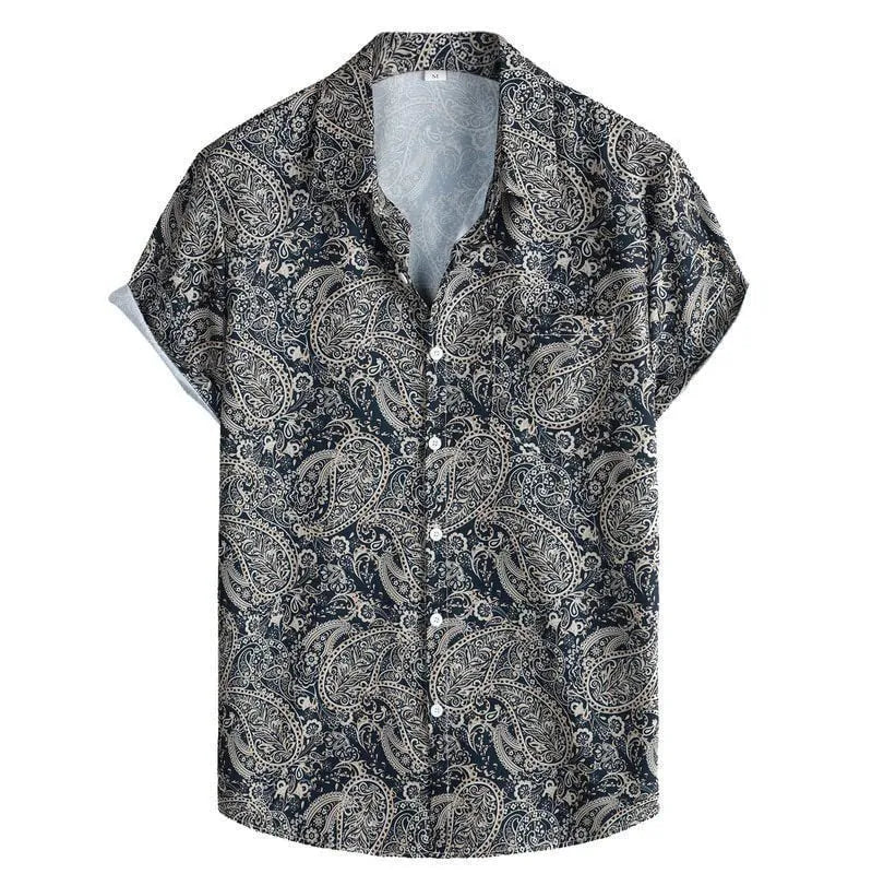 Man wearing a slim fit, short sleeve Hawaiian shirt with a digital printed pattern in a casual setting.