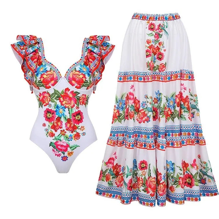 Women's printed one-piece polyester swimsuit in blue colour with adult sizing label
