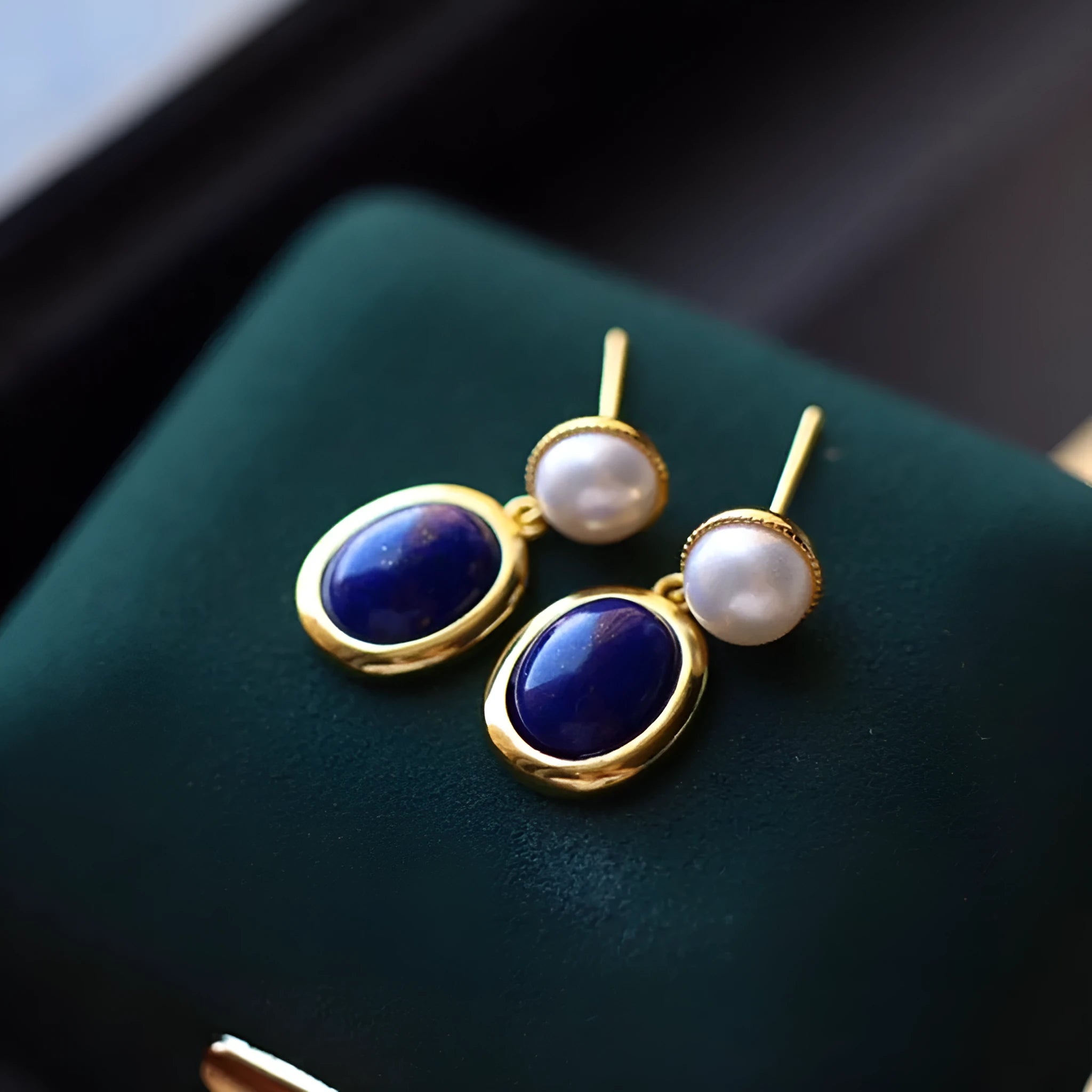 Natural lapis lazuli pearl stud earrings in sterling silver with simple design