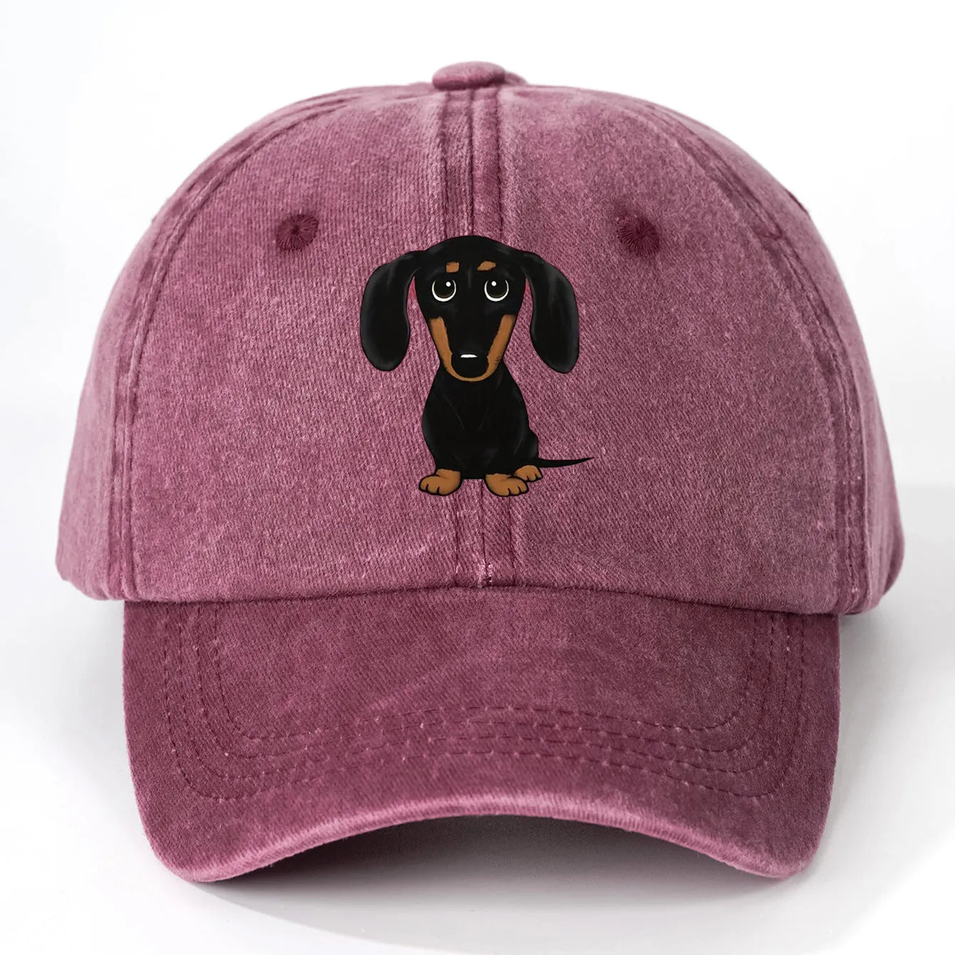 Retro washed baseball cap with Dachshund embroidery and print in cotton fabric, peaked design