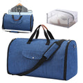 Dark blue folding Oxford cloth duffel bag with handles, suitable for travel and gym use.