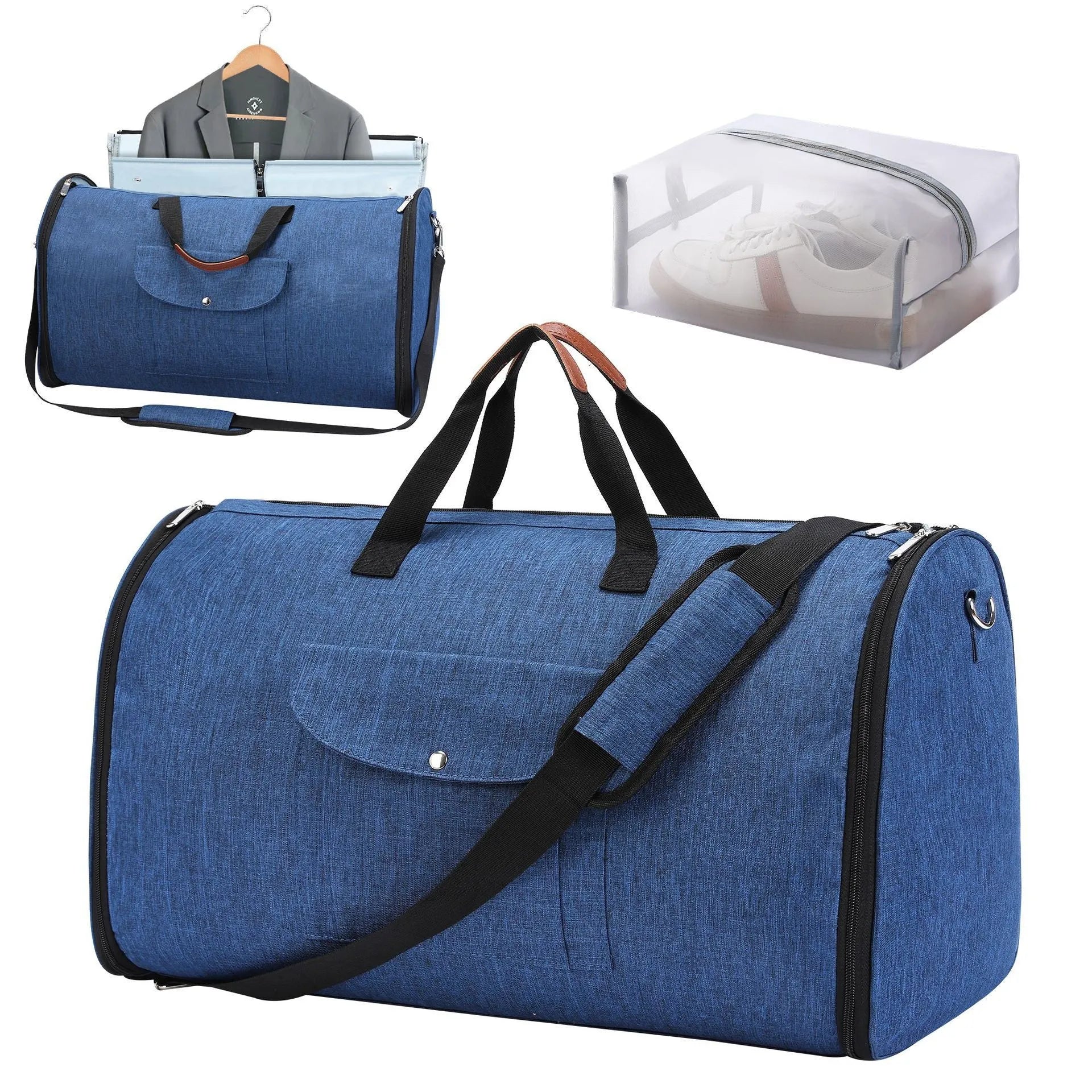 Dark blue folding Oxford cloth duffel bag with handles, suitable for travel and gym use.