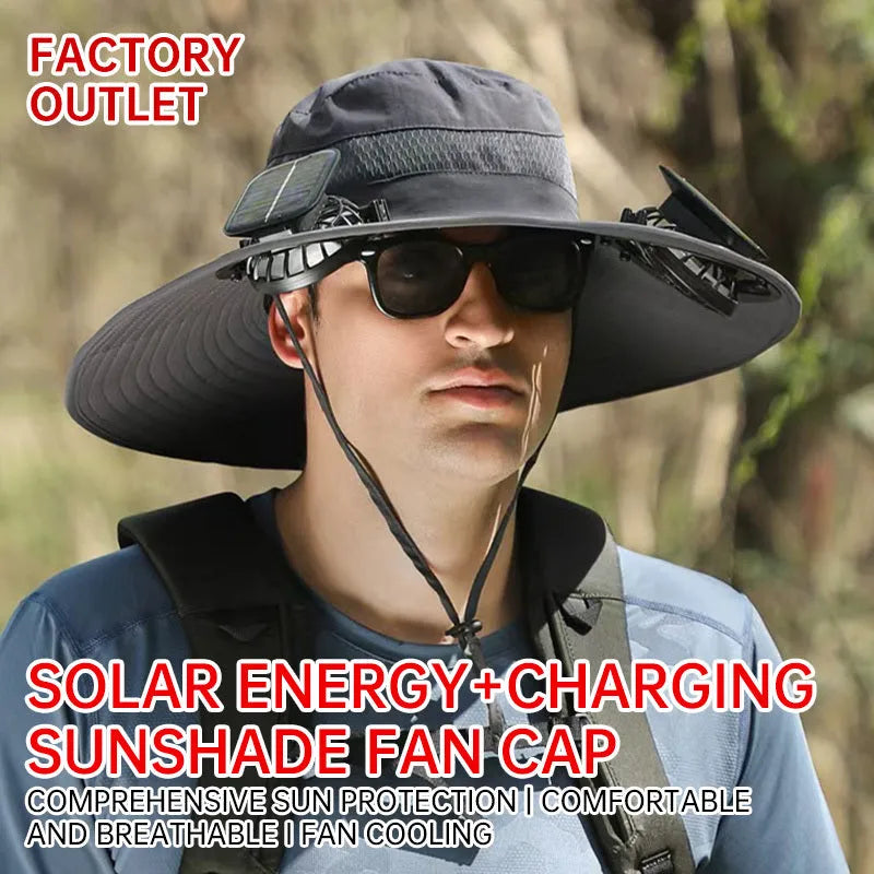 Solar-powered fisherman style hat with built-in fan, shown in multiple colour options.