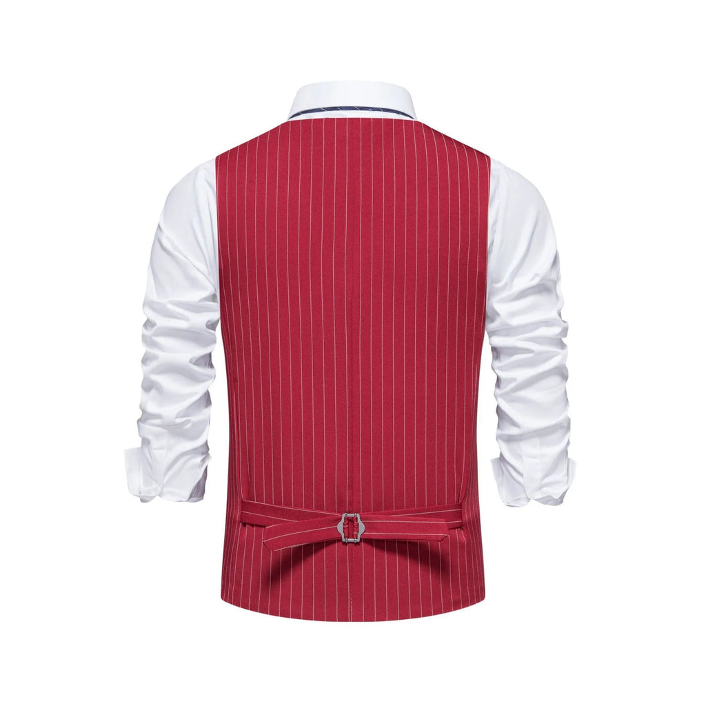 Men's striped suit vest with miter bottom hem in black, red, or khaki colour options.
