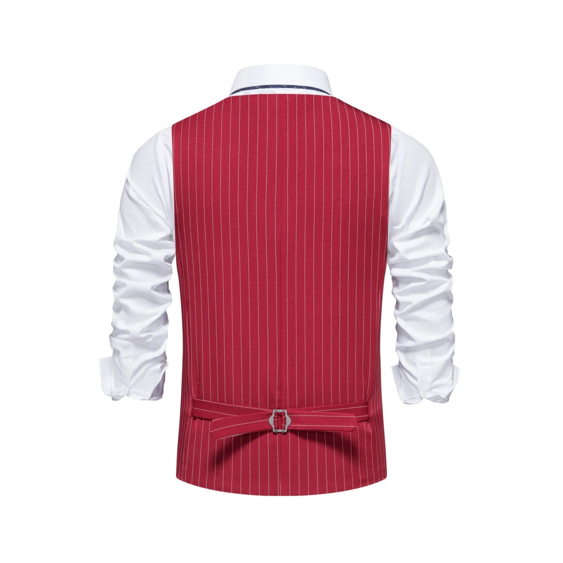 Men's striped suit vest with miter bottom hem in black, red, or khaki colour options.