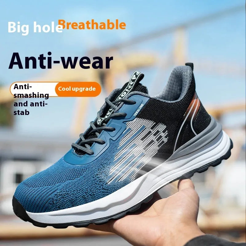Blue men's safety work shoes with plastic toe cap and breathable mesh upper