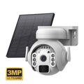 Q55 solar security camera in camouflage, black, or white colour with solar panel and mounting bracket