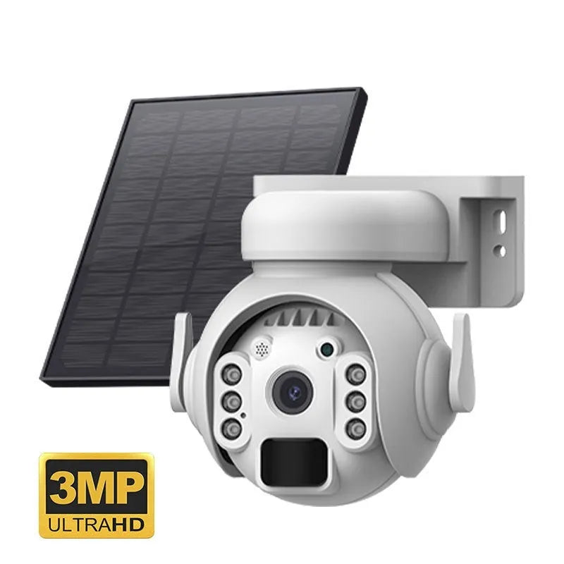 Q55 solar security camera in camouflage, black, or white colour with solar panel and mounting bracket
