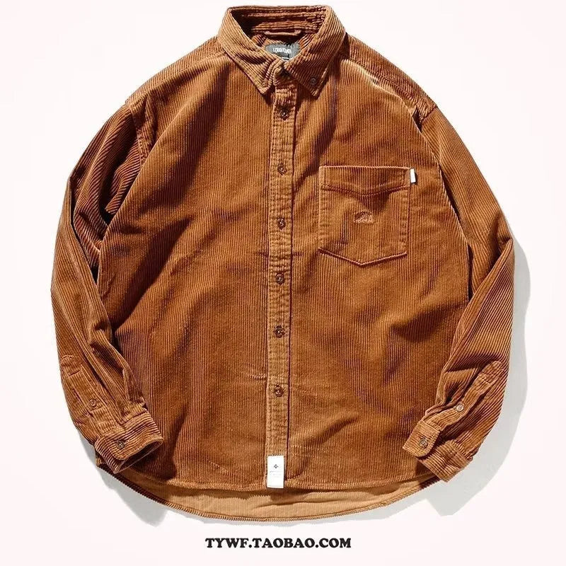 Men's loose fit corduroy cardigan shirt in caramel colour showing textured fabric and long sleeves