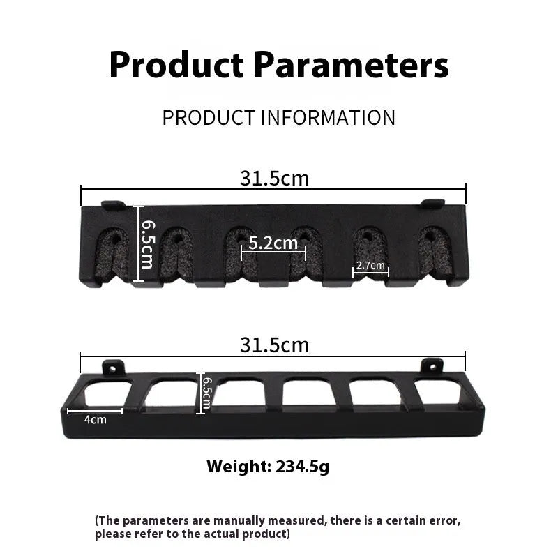 Black ABS plastic wall-mounted fishing rod holder for vertical or horizontal rod storage