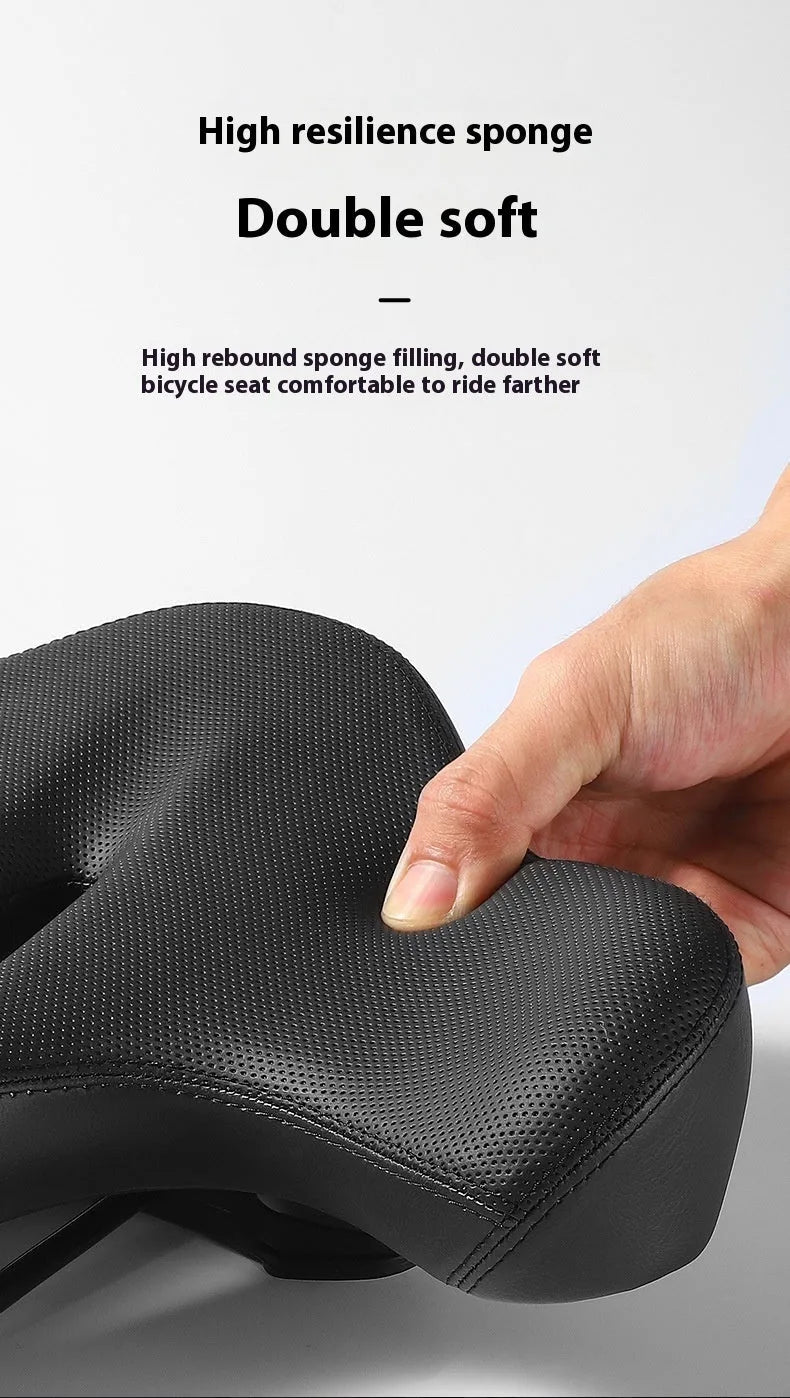 Black bicycle seat cushion with leather cover and foam padding for shock absorption