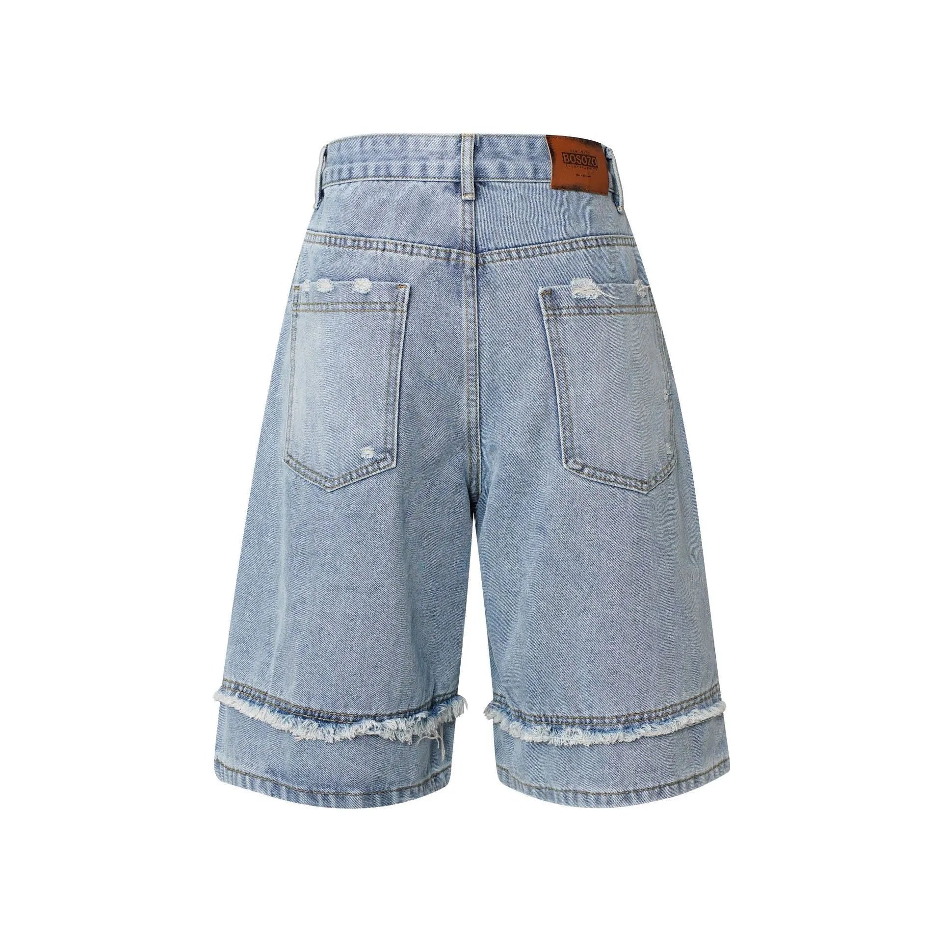 American Pu Shuai men's distressed denim shorts with raw edge trim in black, straight leg cropped fit.