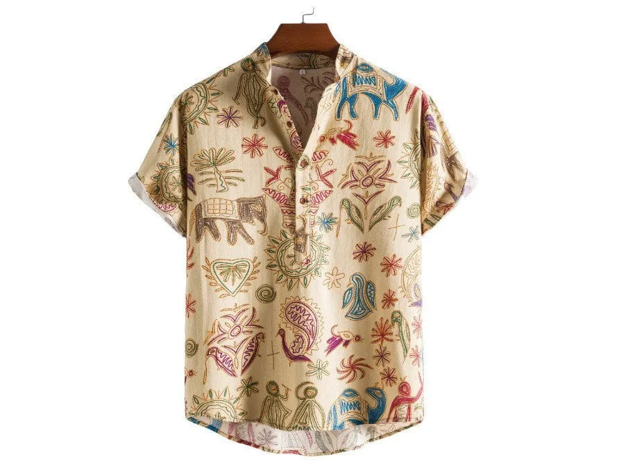 Men's loose fit cardigan shirt with 3D digital printing and elastic polyester fabric