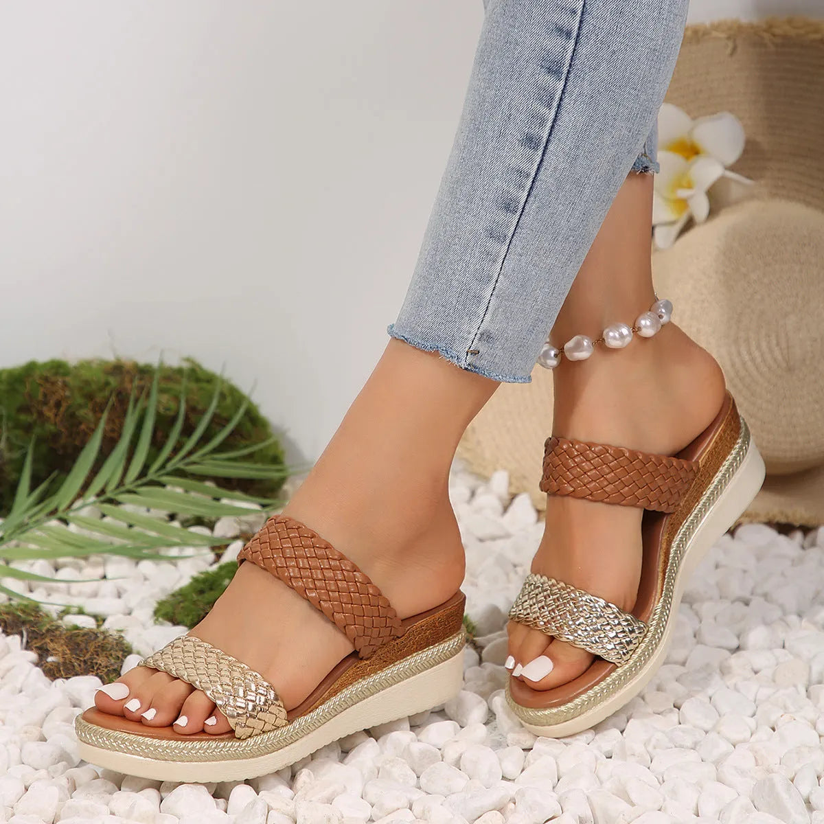 Women's plus size wedge sandals in gold metallic finish with rubber sole