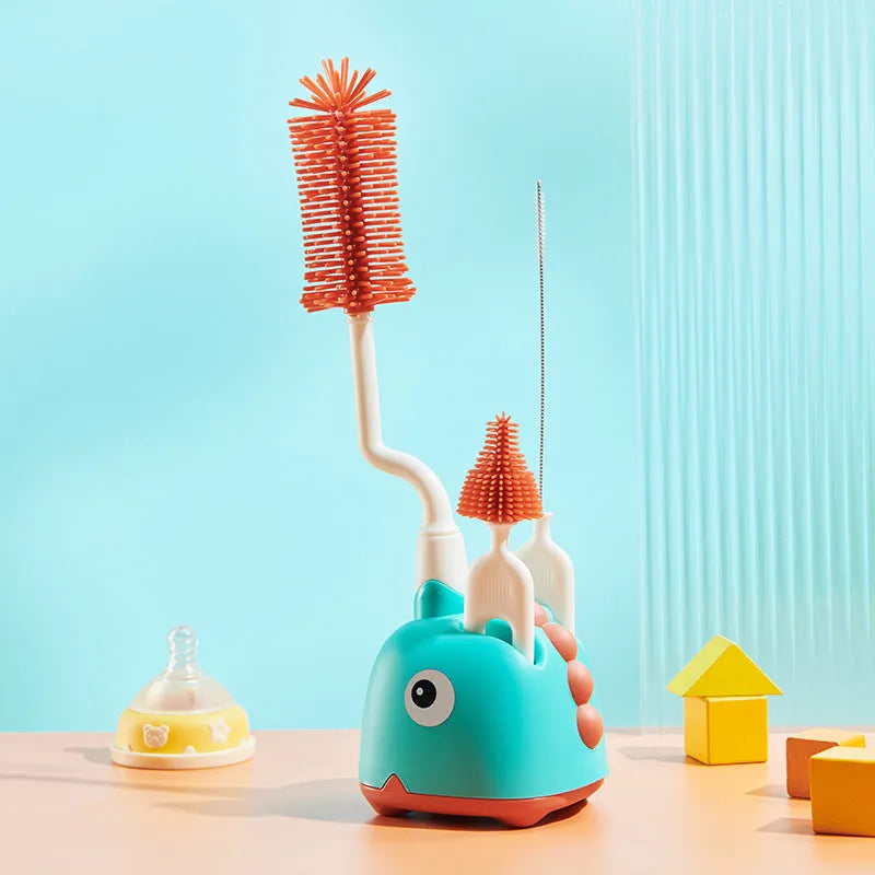 Three multifunctional cleaning brushes in a matching base, amber yellow colour, with PP handles and silicone bristles