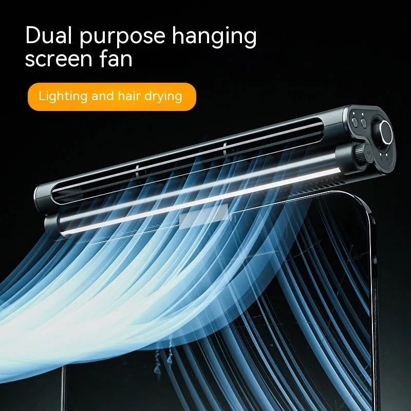 Black bladeless USB fan with lighting lamp and laptop screen clip attachment for computer cooling