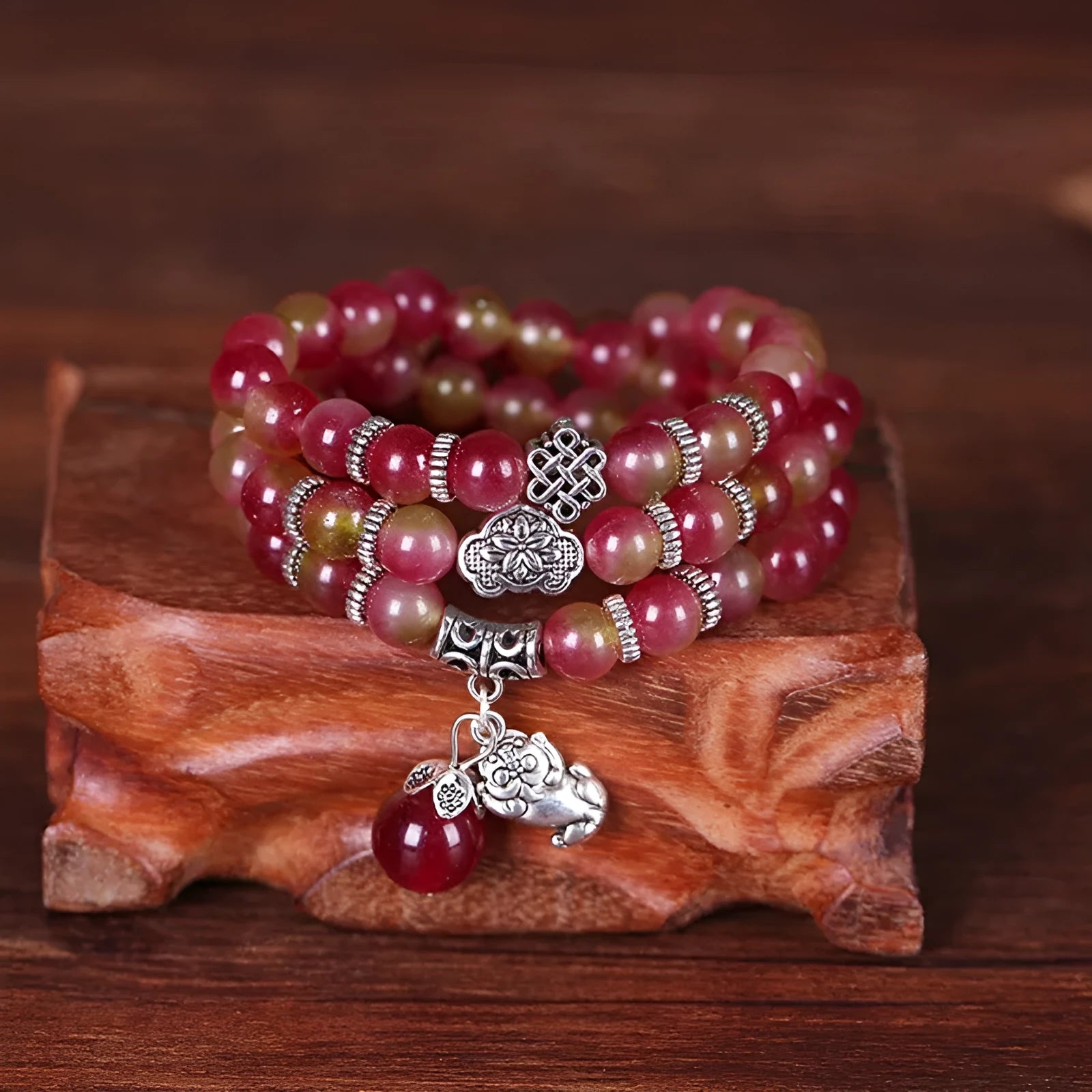 Natural watermelon crystal Chinese knot bracelet with elephant-style beads