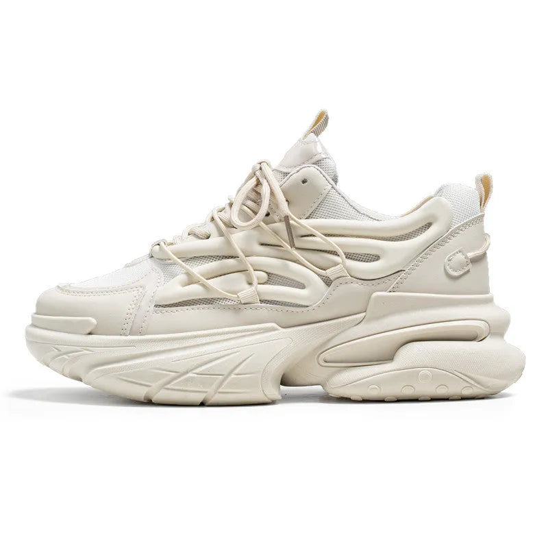 Men's beige low-top lace-up sneaker with mesh upper and platform rubber sole