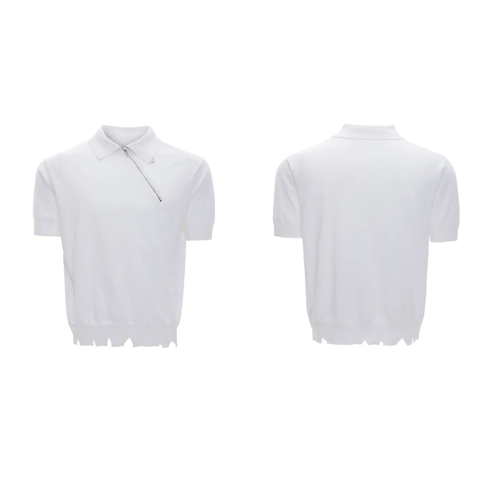 Men's slim-fit knitted polo shirt with an oblique zip in black, grey, or white.
